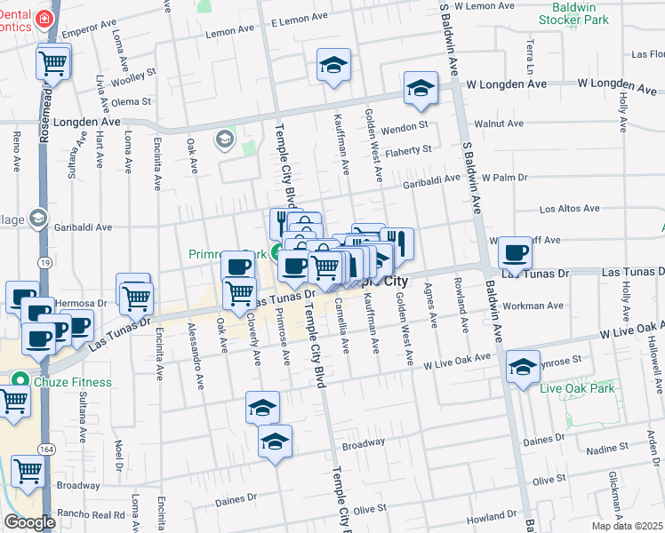 map of restaurants, bars, coffee shops, grocery stores, and more near 9660 Woodruff Avenue in Temple City