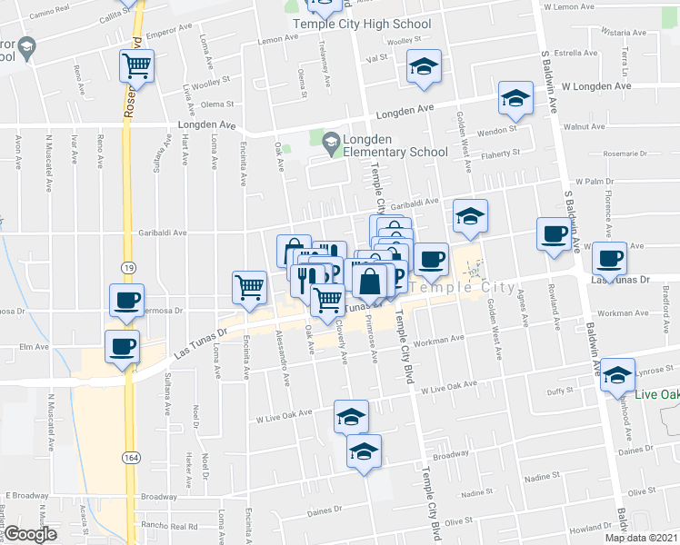 map of restaurants, bars, coffee shops, grocery stores, and more near 9523 Woodruff Avenue in Temple City