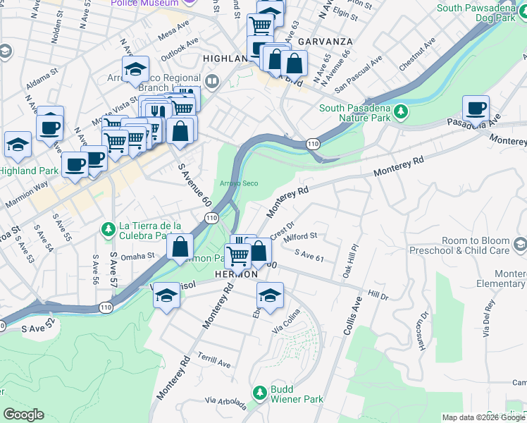 map of restaurants, bars, coffee shops, grocery stores, and more near 420 Hardison Way in Los Angeles