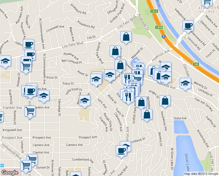 map of restaurants, bars, coffee shops, grocery stores, and more near 2718 Saint George Street in Los Angeles