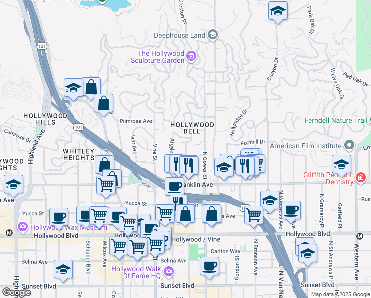map of restaurants, bars, coffee shops, grocery stores, and more near 6226 Holly Mont Drive in Los Angeles