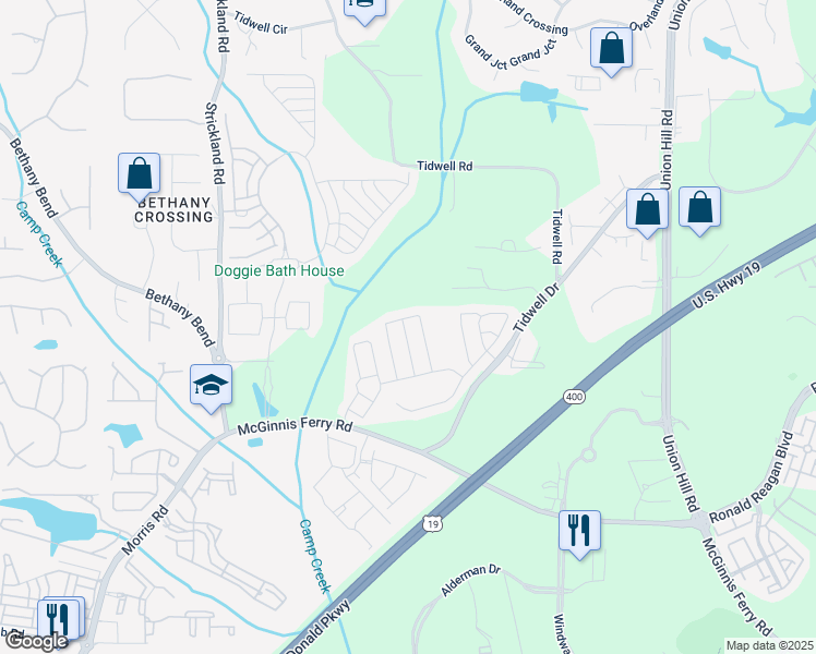 map of restaurants, bars, coffee shops, grocery stores, and more near 1042 Annazanes Court in Alpharetta