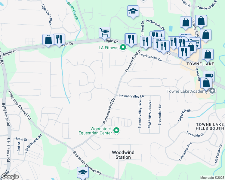 map of restaurants, bars, coffee shops, grocery stores, and more near 2004 Spicers Lane in Woodstock