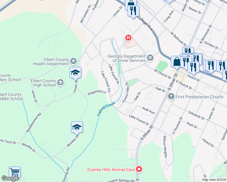 map of restaurants, bars, coffee shops, grocery stores, and more near 157 Lake Forest Drive in Elberton