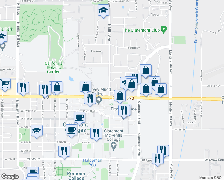 map of restaurants, bars, coffee shops, grocery stores, and more near 1322 North Mills Avenue in Claremont