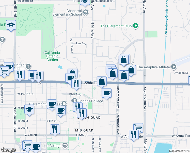 map of restaurants, bars, coffee shops, grocery stores, and more near 1322 North Mills Avenue in Claremont