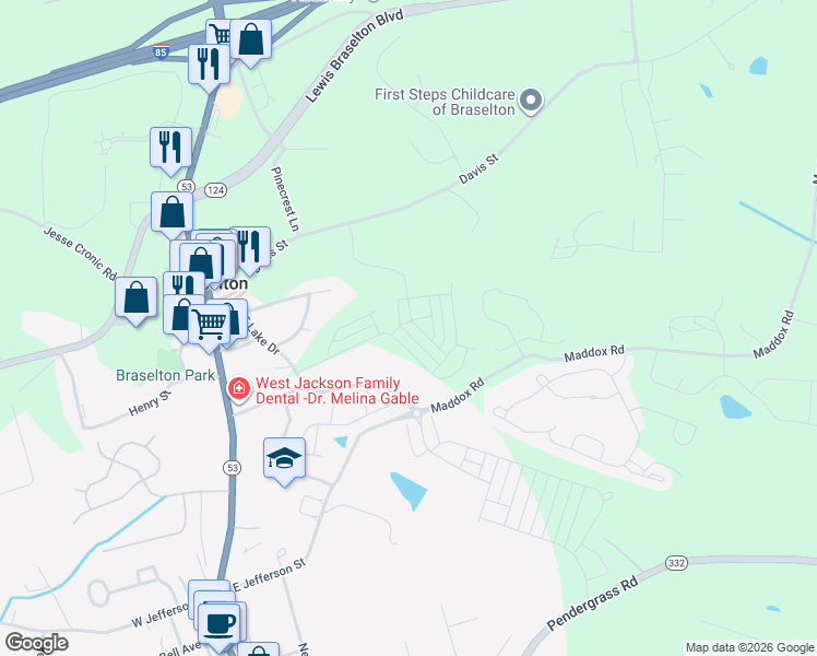 map of restaurants, bars, coffee shops, grocery stores, and more near 316 Lakeshore Drive in Braselton
