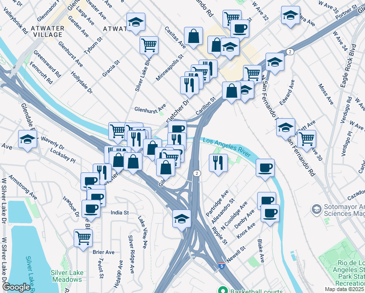 map of restaurants, bars, coffee shops, grocery stores, and more near 3021 Gilroy St in Los Angeles