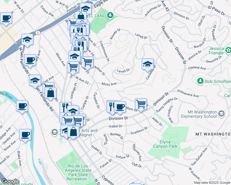 map of restaurants, bars, coffee shops, grocery stores, and more near 3391 Cazador Street in Los Angeles