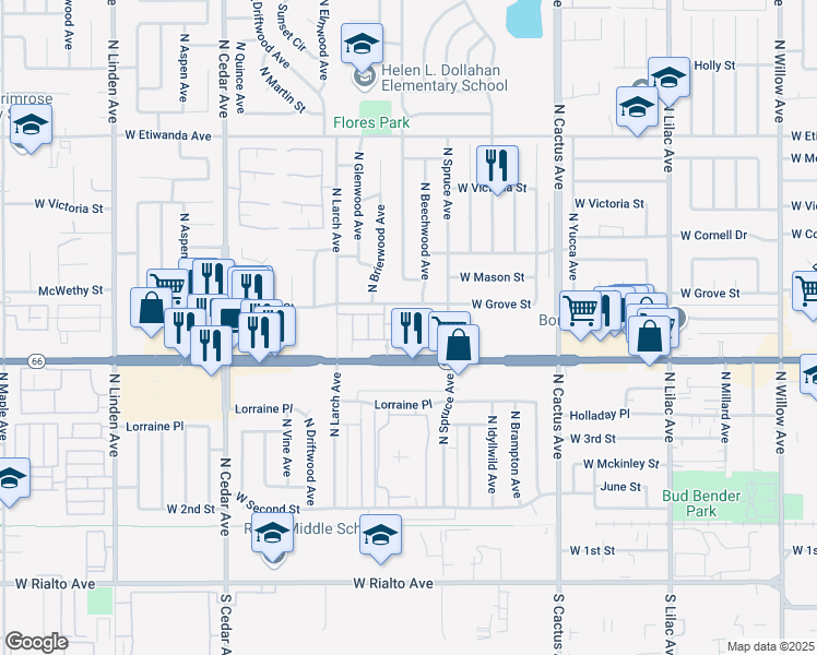 map of restaurants, bars, coffee shops, grocery stores, and more near 955 West Jasmine Way in Rialto