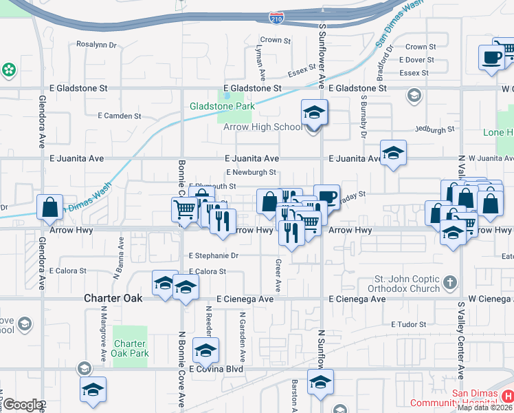 map of restaurants, bars, coffee shops, grocery stores, and more near 710 Claraday Street in Glendora