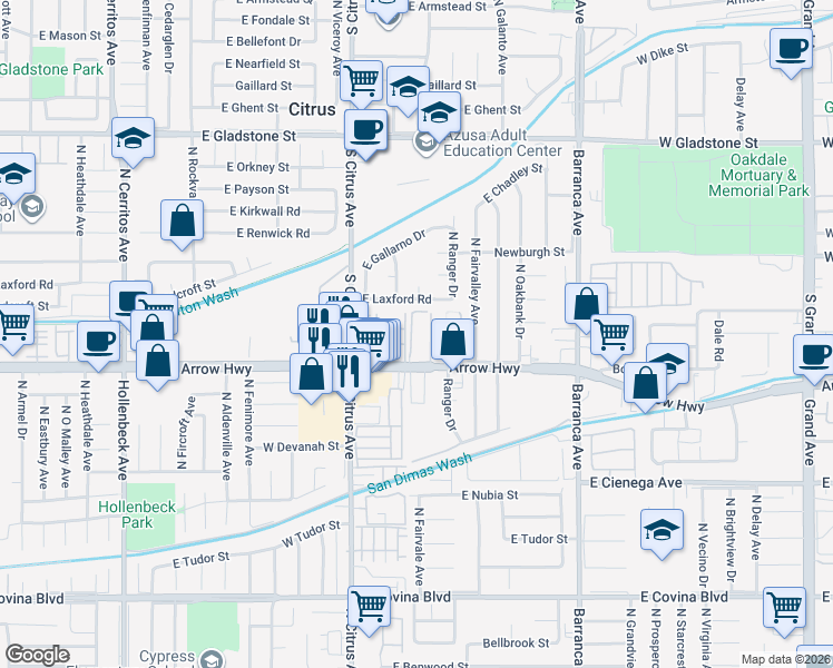 map of restaurants, bars, coffee shops, grocery stores, and more near 18615 East Arrow Highway in Covina