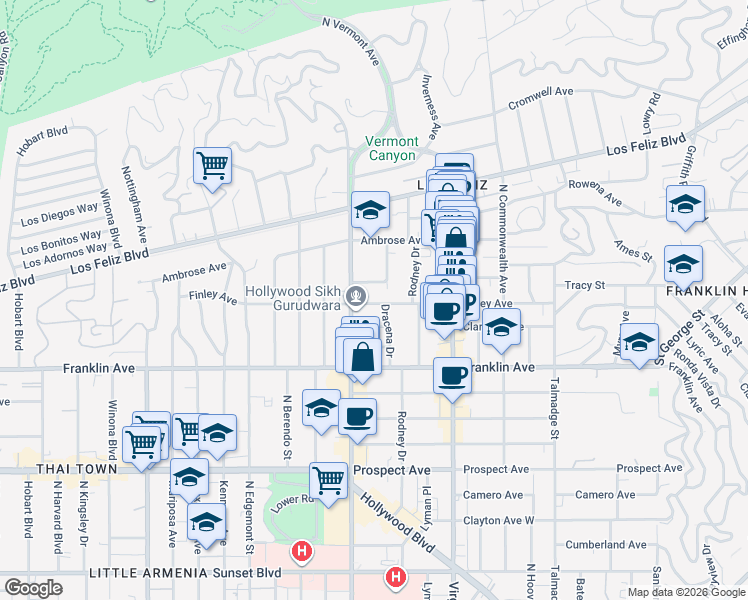 map of restaurants, bars, coffee shops, grocery stores, and more near 2030 North Vermont Avenue in Los Angeles
