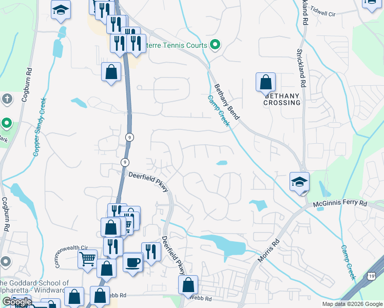 map of restaurants, bars, coffee shops, grocery stores, and more near 125 Aven Court in Alpharetta