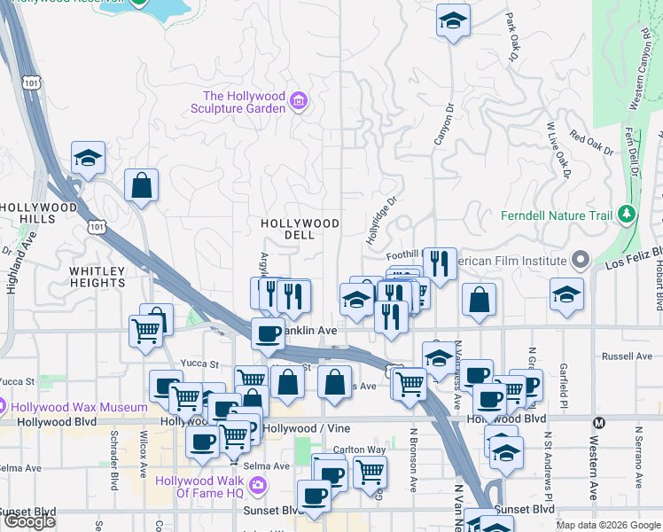 map of restaurants, bars, coffee shops, grocery stores, and more near 2019 North Beachwood Drive in Los Angeles