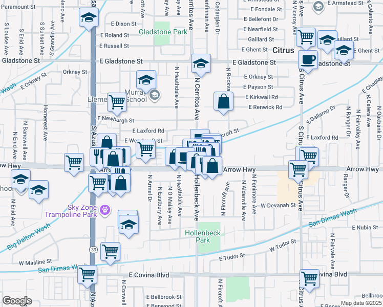 map of restaurants, bars, coffee shops, grocery stores, and more near 821 South Cerritos Avenue in Azusa