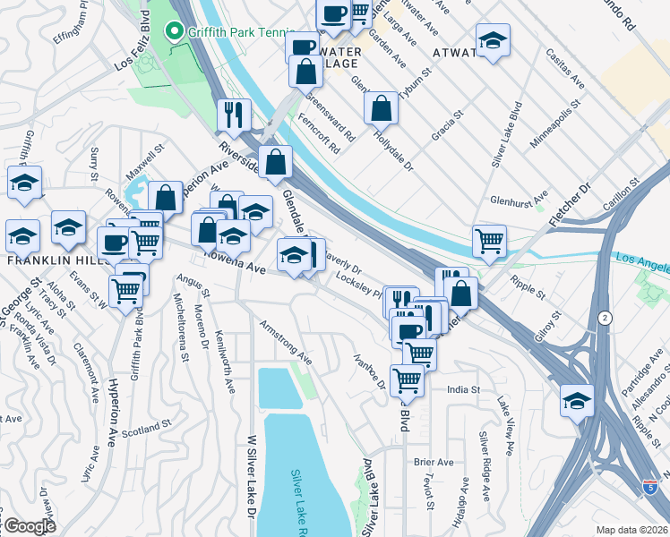map of restaurants, bars, coffee shops, grocery stores, and more near 103 Waverly Drive in Los Angeles