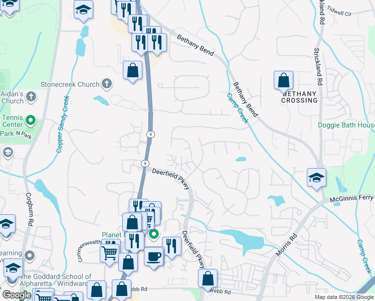 map of restaurants, bars, coffee shops, grocery stores, and more near 13360 Avensong Ives Way in Alpharetta