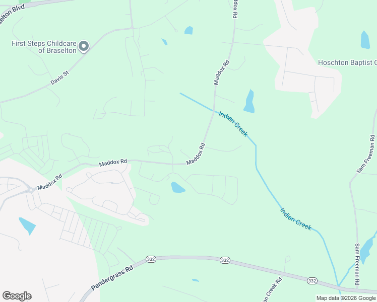 map of restaurants, bars, coffee shops, grocery stores, and more near 1525 Maddox Road in Hoschton