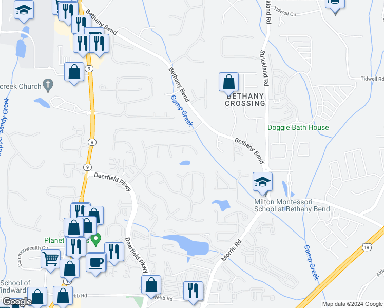 map of restaurants, bars, coffee shops, grocery stores, and more near 3315 Sonata Lane in Alpharetta