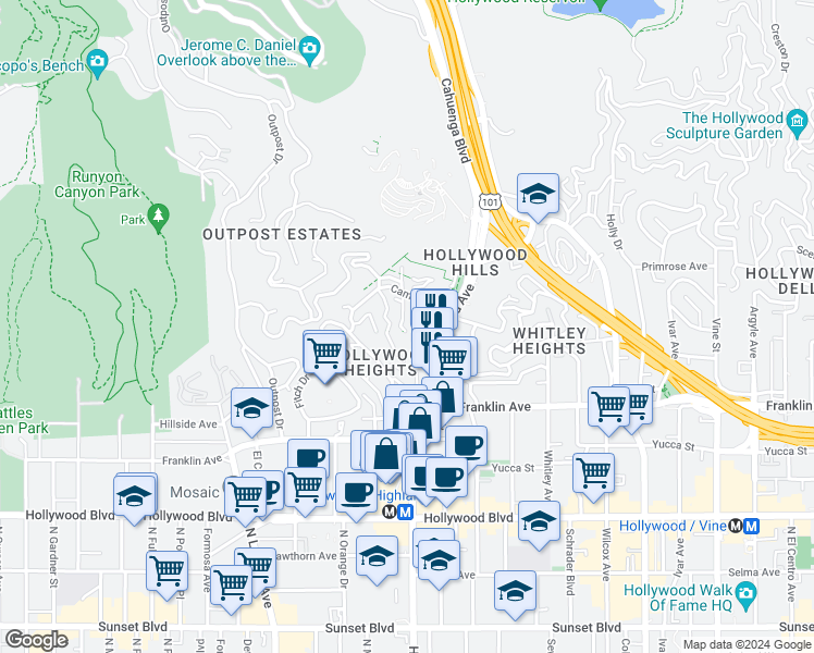 map of restaurants, bars, coffee shops, grocery stores, and more near 2038 High Tower Drive in Los Angeles