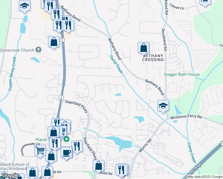map of restaurants, bars, coffee shops, grocery stores, and more near 310 Silhouette Court in Alpharetta
