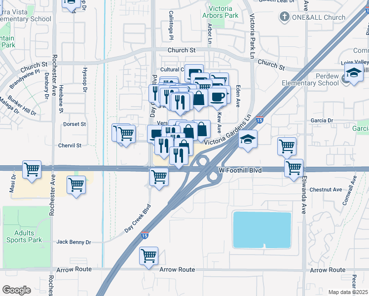 map of restaurants, bars, coffee shops, grocery stores, and more near 107 Victoria Gardens Lane in Rancho Cucamonga