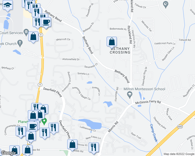 map of restaurants, bars, coffee shops, grocery stores, and more near 3430 Sonata Lane in Alpharetta