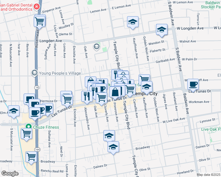 map of restaurants, bars, coffee shops, grocery stores, and more near 5945 Primrose Avenue in Temple City