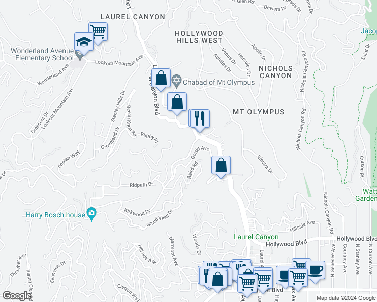 map of restaurants, bars, coffee shops, grocery stores, and more near 8141 Kirkwood Drive in Los Angeles