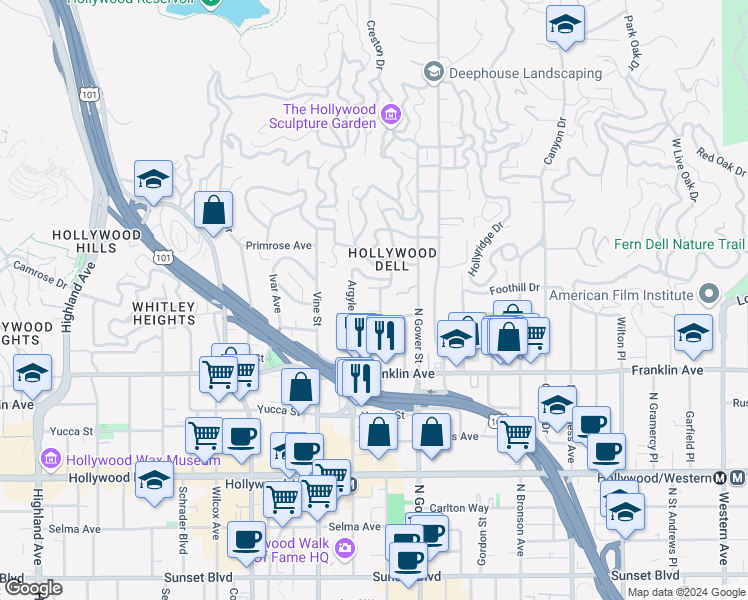 map of restaurants, bars, coffee shops, grocery stores, and more near 2027 Vista Del Mar Avenue in Los Angeles