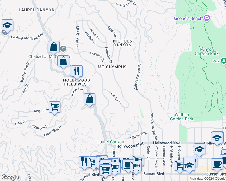 map of restaurants, bars, coffee shops, grocery stores, and more near 7923 Electra Drive in Los Angeles