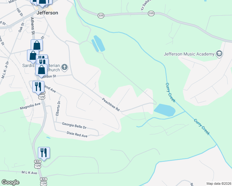 map of restaurants, bars, coffee shops, grocery stores, and more near 363 Peachtree Road in Jefferson