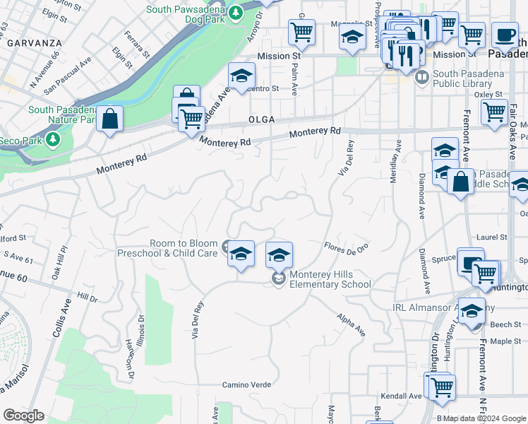 map of restaurants, bars, coffee shops, grocery stores, and more near 519 Alta Vista Avenue in South Pasadena