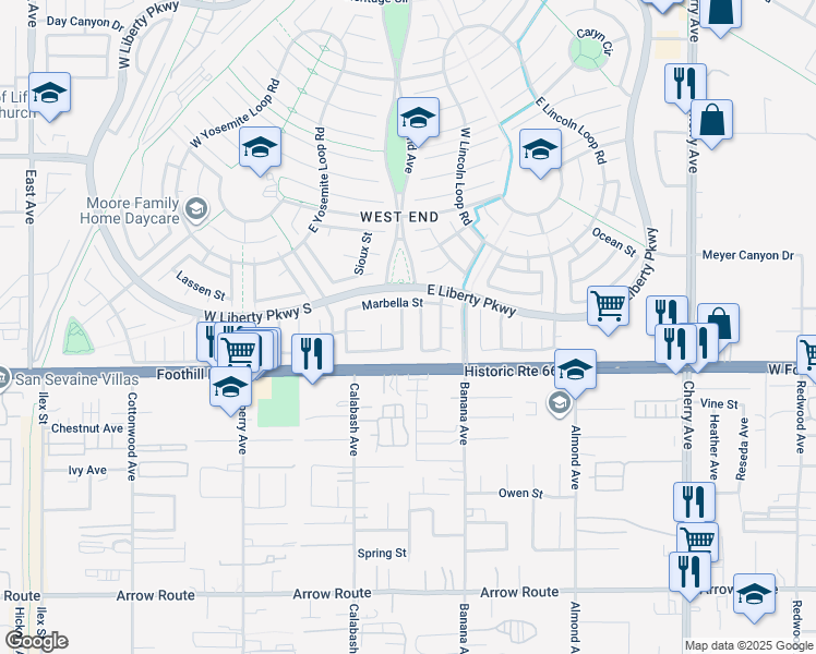 map of restaurants, bars, coffee shops, grocery stores, and more near 8043 Tuscany Street in Fontana