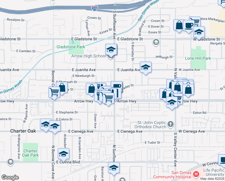 map of restaurants, bars, coffee shops, grocery stores, and more near in Glendora