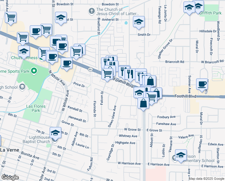 map of restaurants, bars, coffee shops, grocery stores, and more near 3420 Falcon Street in Pomona