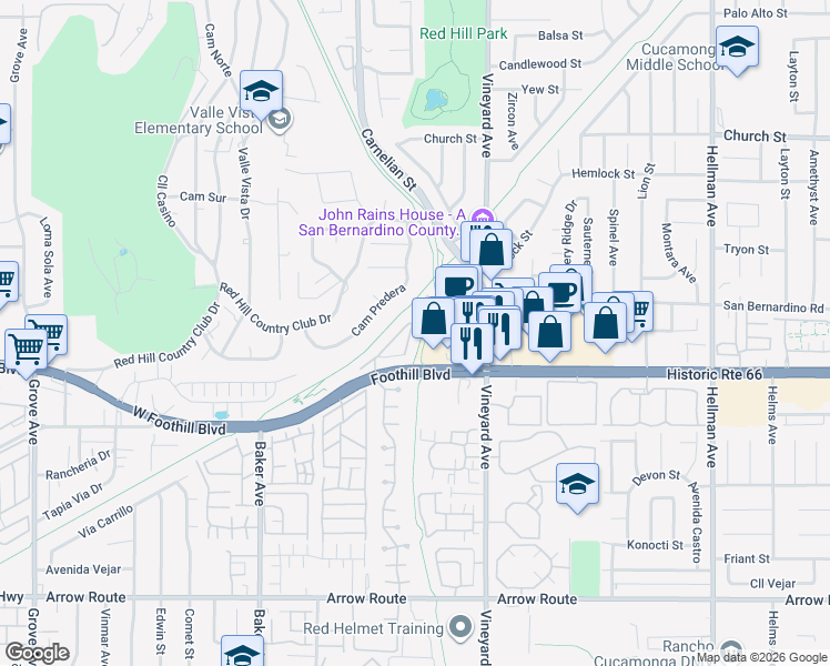 map of restaurants, bars, coffee shops, grocery stores, and more near 8013 City View Place in Rancho Cucamonga