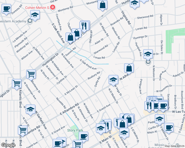 map of restaurants, bars, coffee shops, grocery stores, and more near 2605 South Oak Knoll Avenue in San Marino