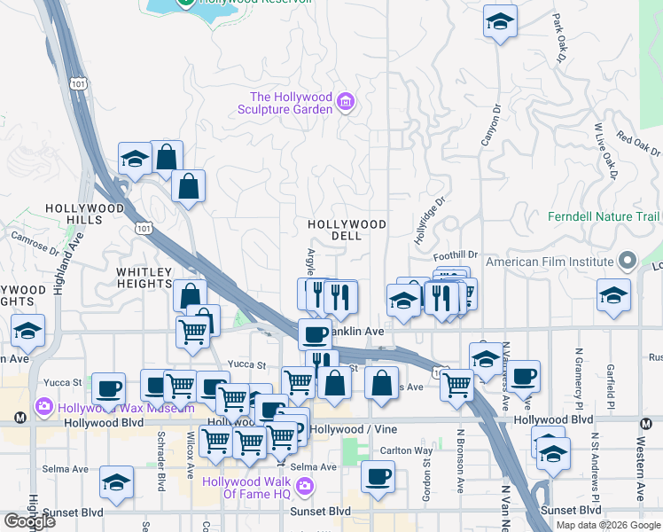 map of restaurants, bars, coffee shops, grocery stores, and more near 2027 Vista Del Mar Avenue in Los Angeles