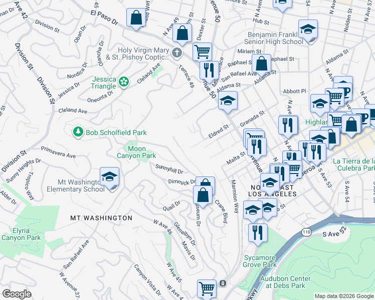 map of restaurants, bars, coffee shops, grocery stores, and more near 4880 Eldred Street in Los Angeles