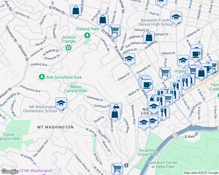 map of restaurants, bars, coffee shops, grocery stores, and more near 4840 Eldred Street in Los Angeles