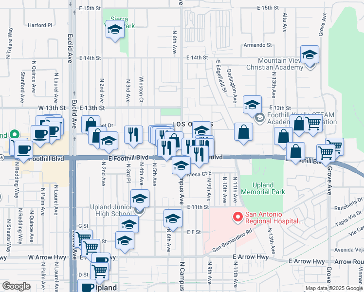 map of restaurants, bars, coffee shops, grocery stores, and more near North Campus Avenue in San Bernardino County