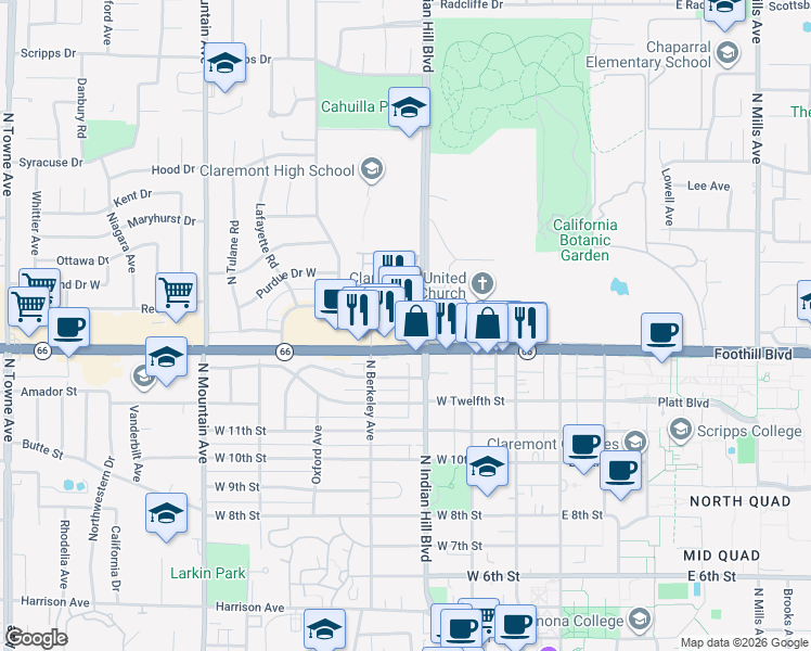 map of restaurants, bars, coffee shops, grocery stores, and more near 455 West Foothill Boulevard in Claremont