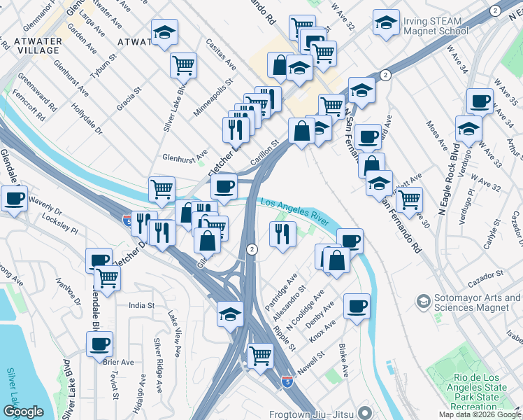 map of restaurants, bars, coffee shops, grocery stores, and more near 3030 Gilroy Street in Los Angeles