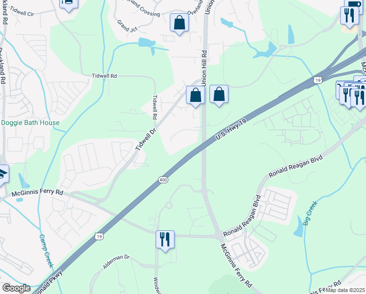map of restaurants, bars, coffee shops, grocery stores, and more near 1360 Union Hill Road in Alpharetta