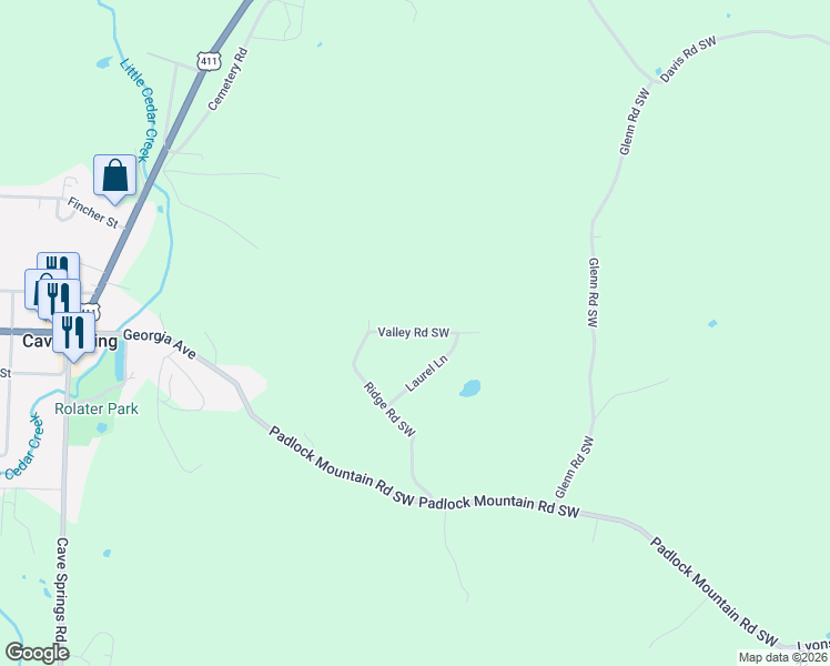 map of restaurants, bars, coffee shops, grocery stores, and more near 1 Valley Road Southwest in Cave Spring