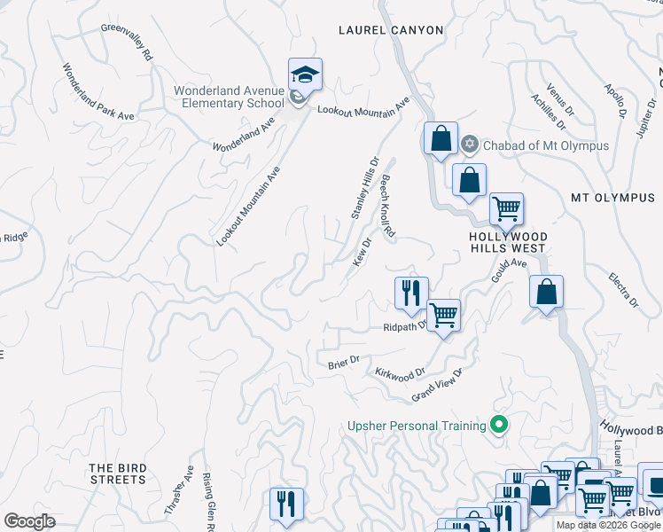 map of restaurants, bars, coffee shops, grocery stores, and more near 2036 Stanley Hills Drive in Los Angeles