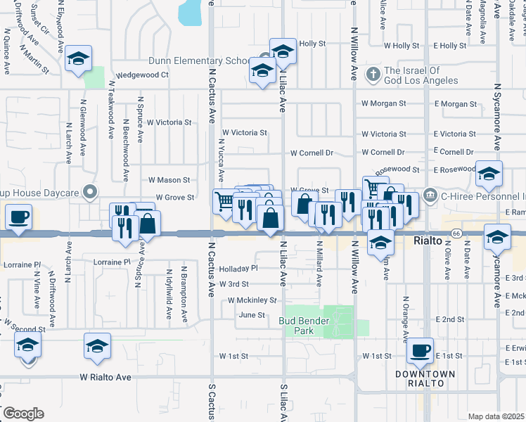 map of restaurants, bars, coffee shops, grocery stores, and more near 531 West Ramona Drive in Rialto
