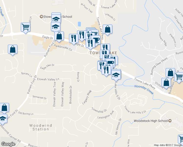 map of restaurants, bars, coffee shops, grocery stores, and more near 171 Eagle Glen Drive in Woodstock